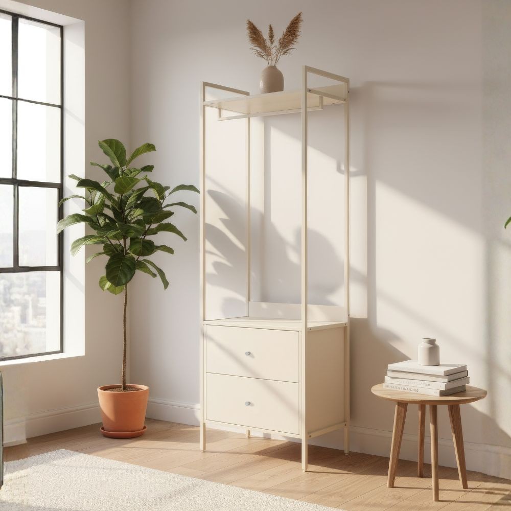 Appendiabiti multifunzione Dhaka41A con 2 cassetti con struttura in metallo beige Appendiabiti multifunzione Dhaka41A con 2 cassetti con struttura in metallo beige