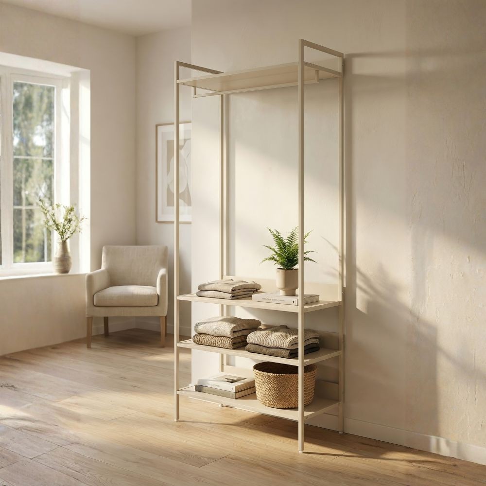 Appendiabiti multifunzione Dhaka41B con 3 ripiani con struttura in metallo beige Appendiabiti multifunzione Dhaka41B con 3 ripiani con struttura in metallo beige