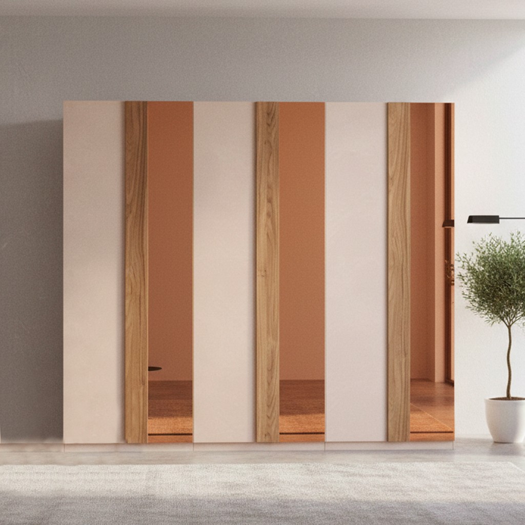Armadio Bristol 6 ante battenti in finitura cashmere e noce caramello con specchi bronzati Armadio Bristol 6 ante battenti in finitura cashmere e noce caramello con specchi bronzati