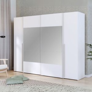 Armadio Callia con 2 ante battenti colore bianco e 2 ante scorrevoli con specchio 270.3x61.2xH210.5 cm.