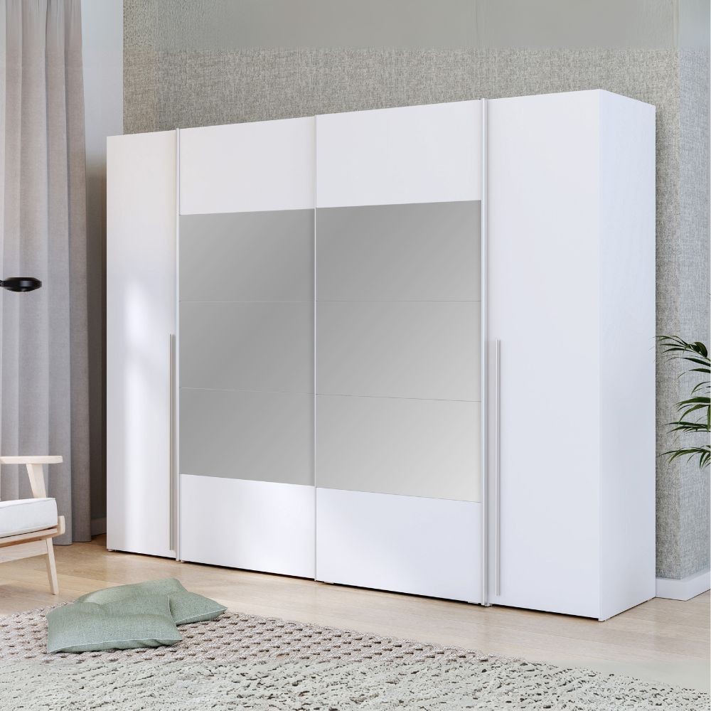 Armadio Callia con 2 ante battenti colore bianco e 2 ante scorrevoli con specchio 270.3x61.2xH210.5 cm. Armadio Callia con 2 ante battenti colore bianco e 2 ante scorrevoli con specchio 270.3x61.2xH210.5 cm.
