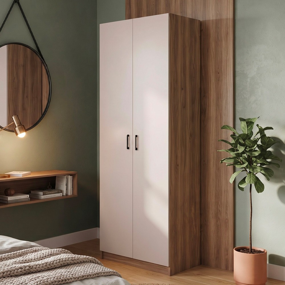 Armadio da 90 cm. H 247 cm. 2 ante con cassa noce naturale e ante cashmere Armadio da 90 cm. H 247 cm. 2 ante con cassa noce naturale e ante cashmere