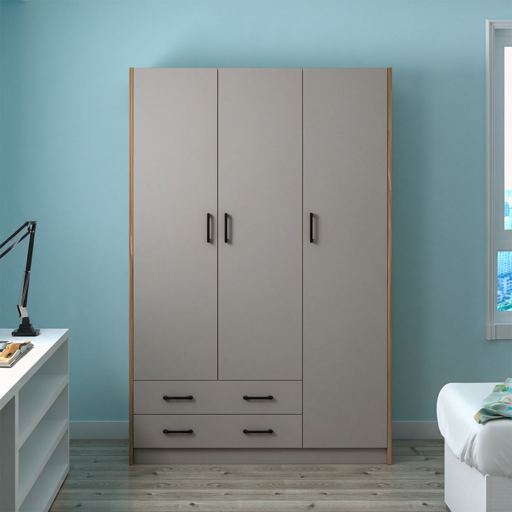Armadio H 210 cm. 3 ante con 2 cassetti con cassa noce naturale e ante cashmere Armadio H 210 cm. 3 ante con 2 cassetti con cassa noce naturale e ante cashmere
