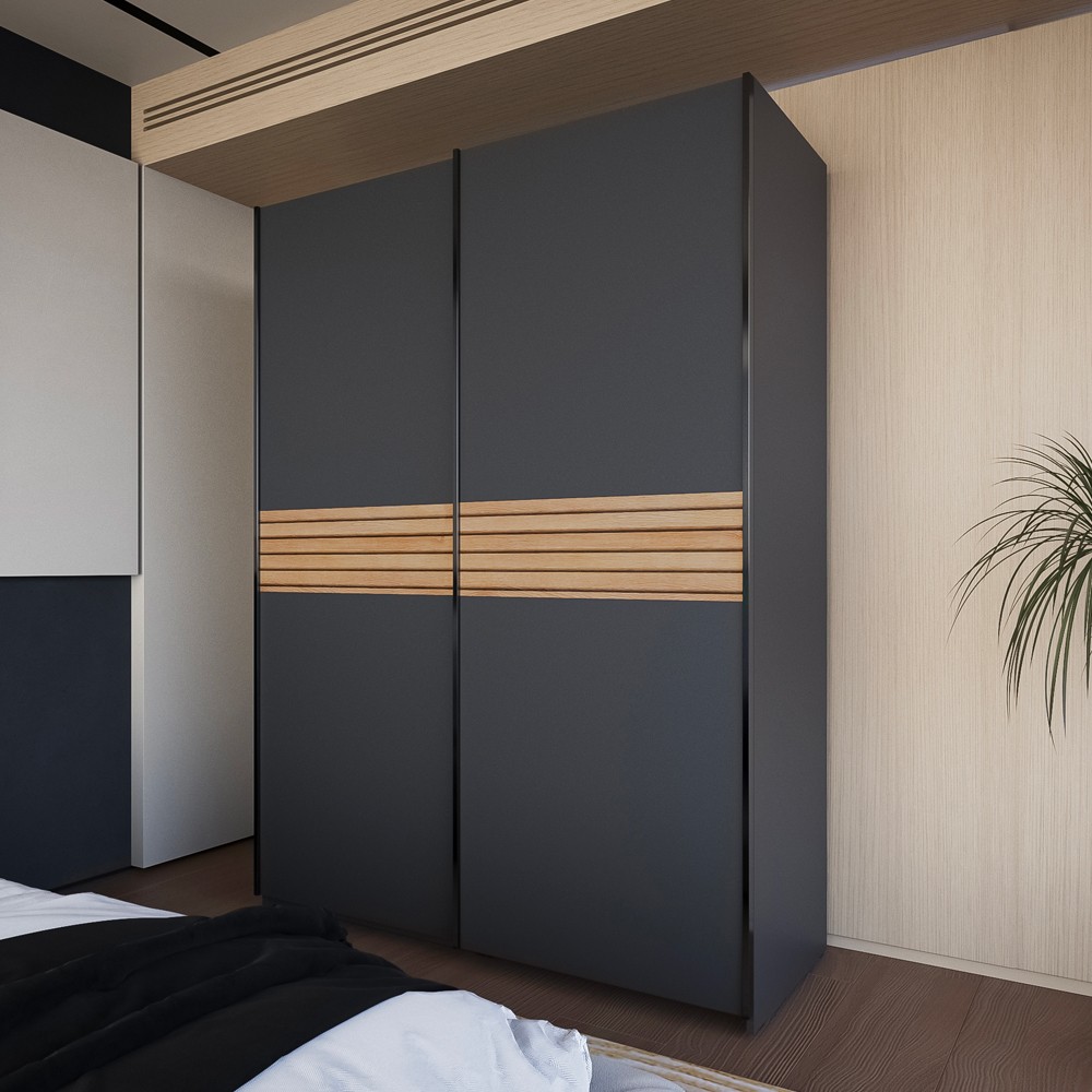Armadio Metropol 2 ante scorrevoli 150 cm. colore antracite con inserti rovere Armadio Metropol 2 ante scorrevoli 150 cm. colore antracite con inserti rovere