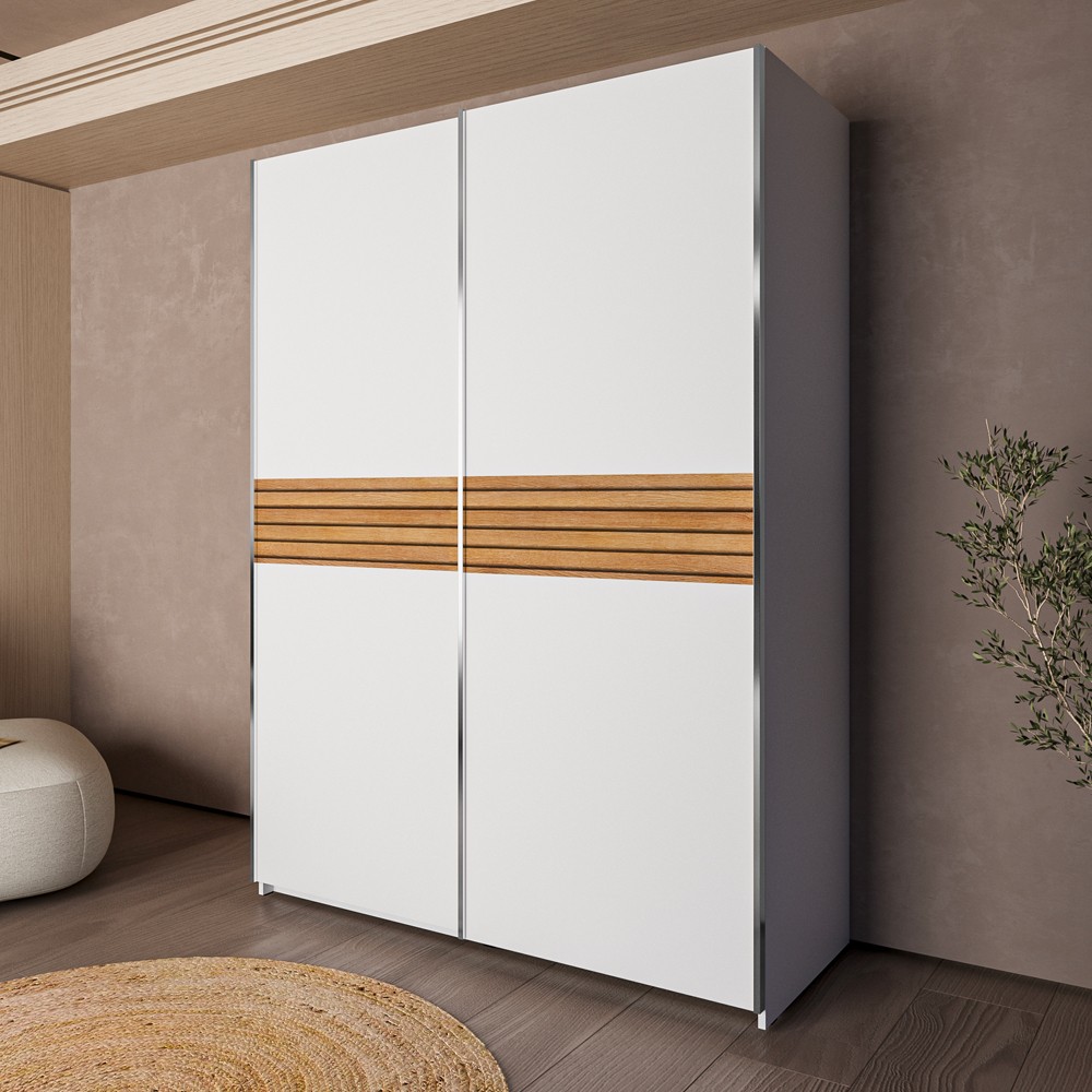 Armadio Metropol 2 ante scorrevoli 150 cm. colore bianco con inserti rovere Armadio Metropol 2 ante scorrevoli 150 cm. colore bianco con inserti rovere