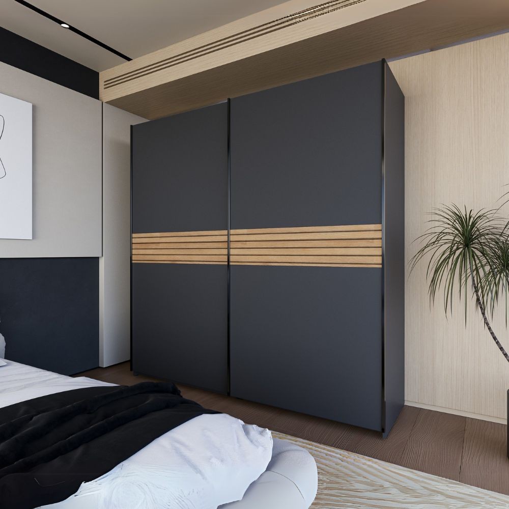 Armadio Metropol 2 ante scorrevoli 200 cm. colore antracite con inserti rovere Armadio Metropol 2 ante scorrevoli 200 cm. colore antracite con inserti rovere
