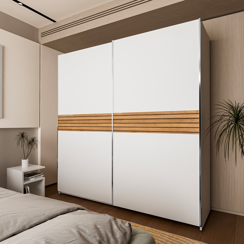 Armadio Metropol 2 ante scorrevoli 200 cm. colore bianco con inserti rovere Armadio Metropol 2 ante scorrevoli 200 cm. colore bianco con inserti rovere