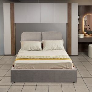 Armadio ponte Manchester colore cashmere e mercure con letto Sofaback taupe