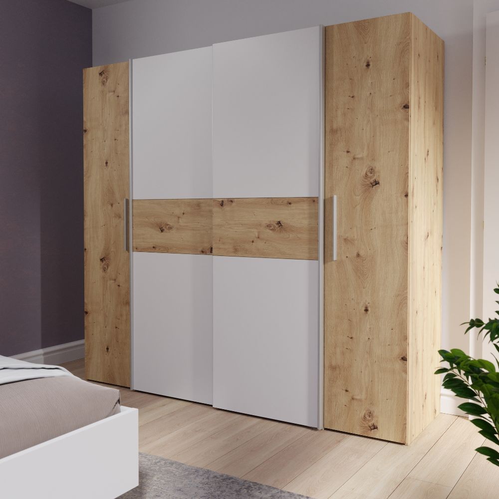 Armadio Teodoro con 2 ante battenti e 2 ante scorrevoli colore rovere e bianco Armadio Teodoro con 2 ante battenti e 2 ante scorrevoli colore rovere e bianco