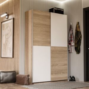 Armadio Zeno con 2 ante scorrevoli rovere e bianco e struttura rovere