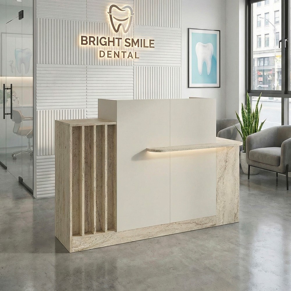 Bancone Reception Dayana 150 cm. in colore cashmere e travertino con illuminazione LED Bancone Reception Dayana 150 cm. in colore cashmere e travertino con illuminazione LED