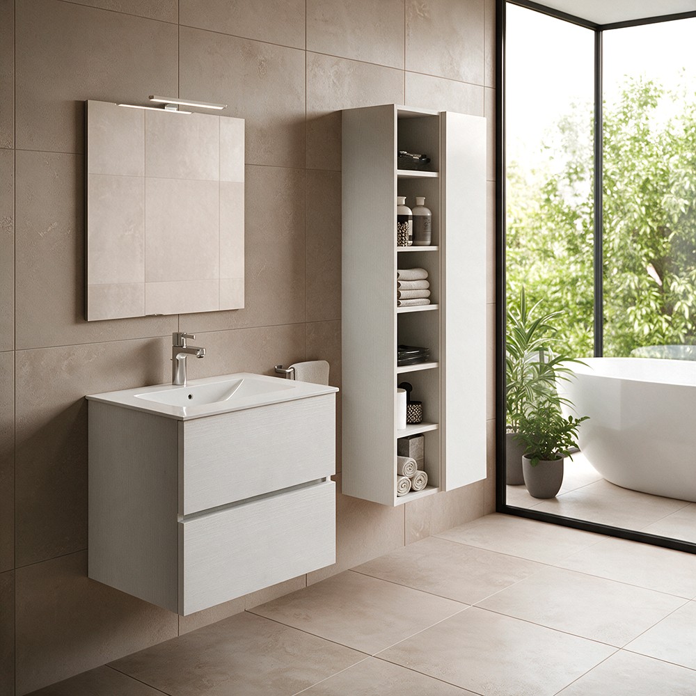 Mobile bagno con lavabo e specchio da 60 bianco frassinato Mobile bagno con lavabo e specchio da 60 bianco frassinato
