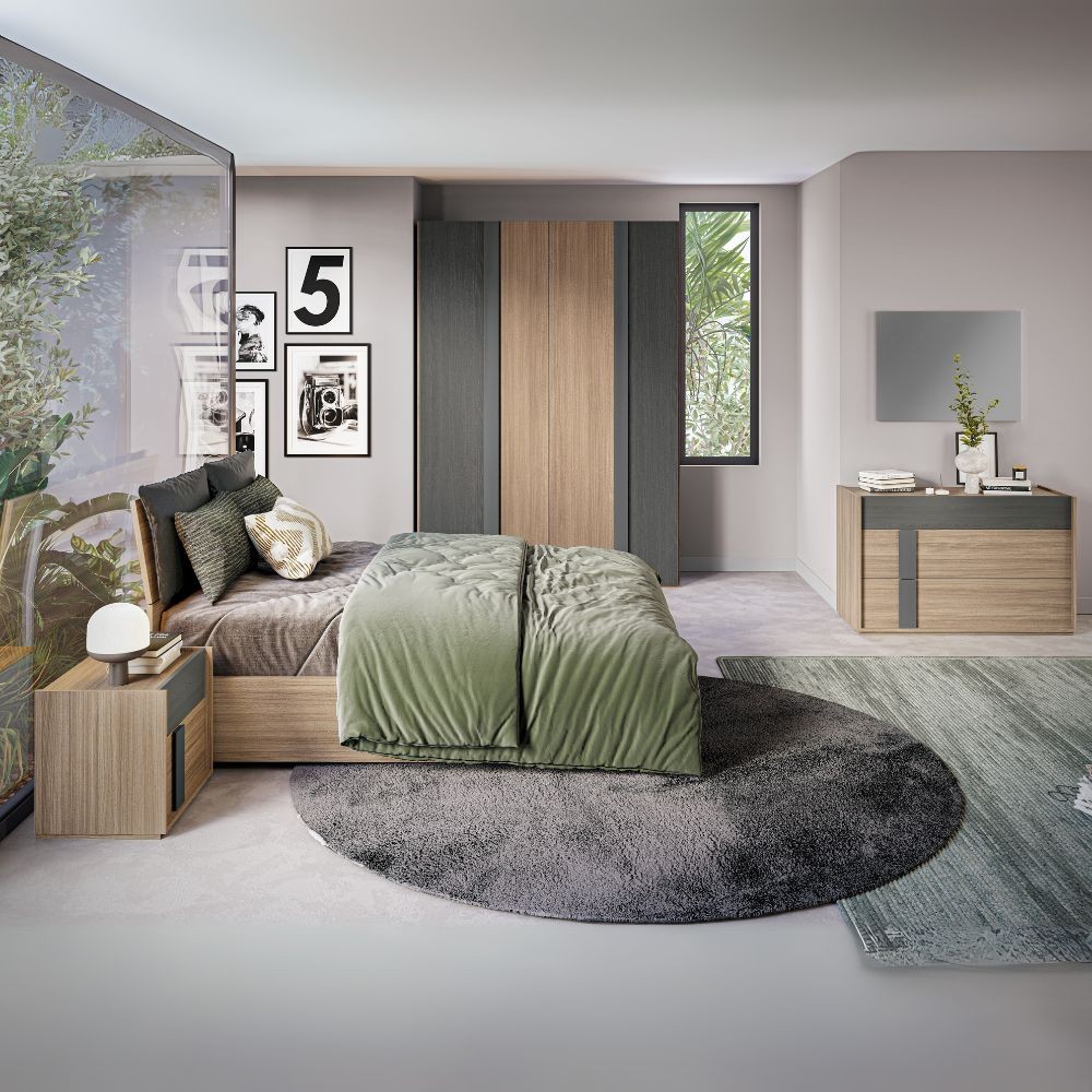 Camera da letto Faba con armadio 4 ante noce e grigio e letto contenitore in legno noce Camera da letto Faba con armadio 4 ante noce e grigio e letto contenitore in legno noce