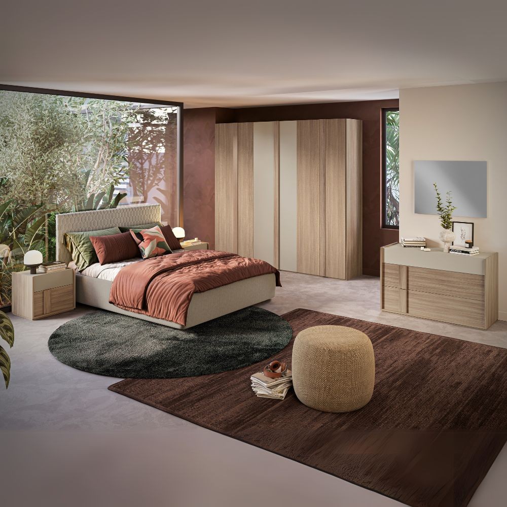 Camera da letto Faba con armadio 6 ante battenti in noce e talco e con letto contenitore imbottito Parigi in tessuto corda Camera da letto Faba con armadio 6 ante battenti in noce e talco e con letto contenitore imbottito Parigi in tessuto corda