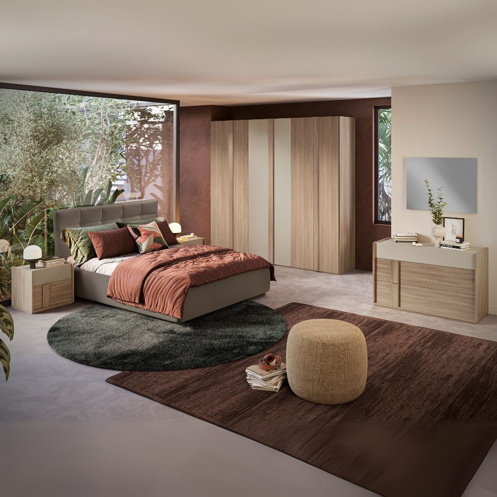 Camera da letto Faba con armadio 6 ante battenti noce e talco e letto contenitore imbottito Napoli tortora Camera da letto Faba con armadio 6 ante battenti noce e talco e letto contenitore imbottito Napoli tortora