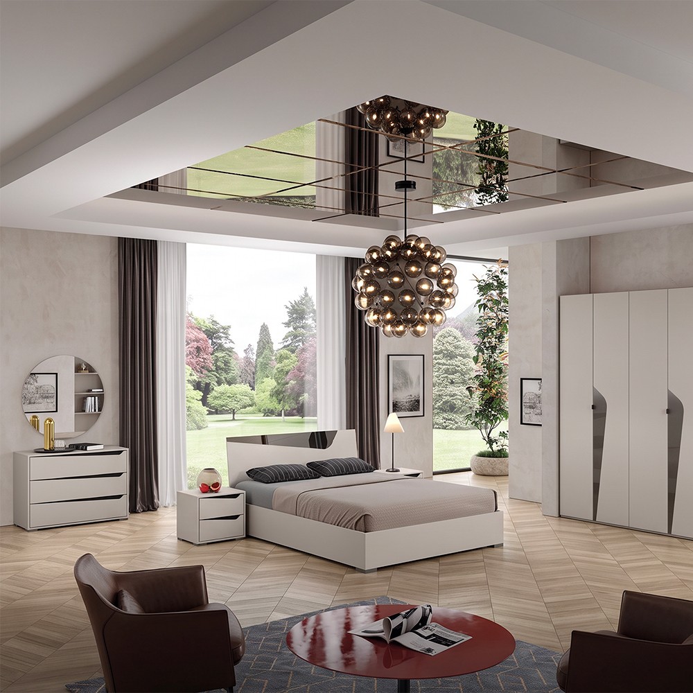 Camera da letto Frida con letto contenitore con inserto a specchio e armadio 6 ante battenti con specchi sagomati cashmere Camera da letto Frida con letto contenitore con inserto a specchio e armadio 6 ante battenti con specchi sagomati cashmere