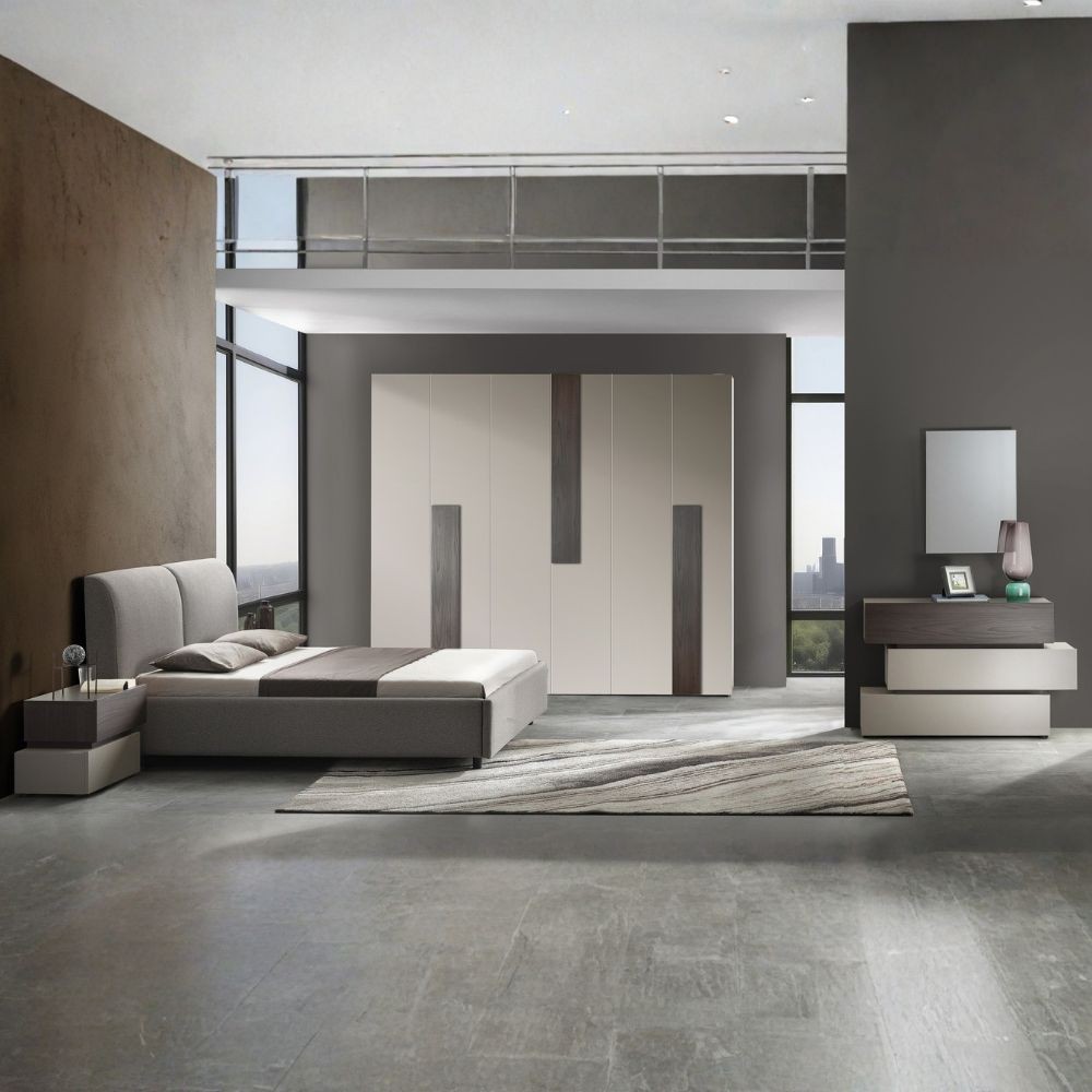 Camera da letto Kendra con letto contenitore imbottito e armadio 6 ante battenti colore tortora noce Camera da letto Kendra con letto contenitore imbottito e armadio 6 ante battenti colore tortora noce