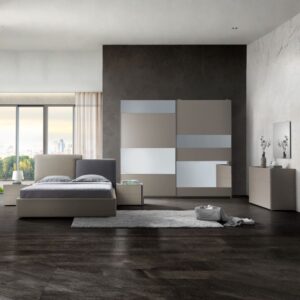 Camera da letto Liana colore canapa con letto contenitore e testiera grigio tortora