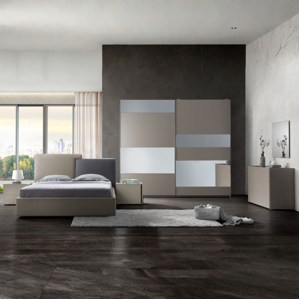 Camera da letto Liana colore canapa con letto contenitore e testiera grigio tortora Camera da letto Liana colore canapa con letto contenitore e testiera grigio tortora