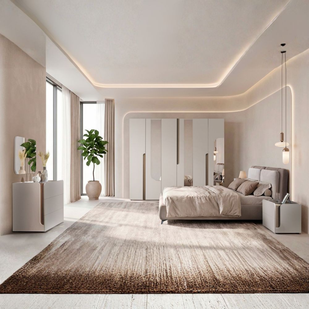 Camera da letto Loana con letto imbottito contenitore e armadio 6 ante con specchi colore cashmere biscotto Camera da letto Loana con letto imbottito contenitore e armadio 6 ante con specchi colore cashmere biscotto