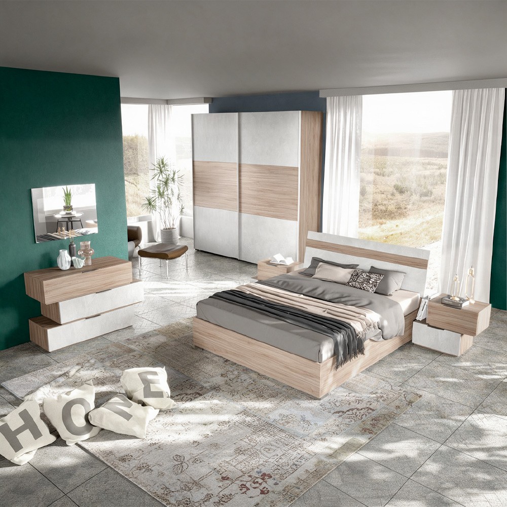 Camera da letto Ludovica con letto contenitore e armadio scorrevole 2 ante con frontale bicolore in noce chiaro e spatolato Camera da letto Ludovica con letto contenitore e armadio scorrevole 2 ante con frontale bicolore in noce chiaro e spatolato