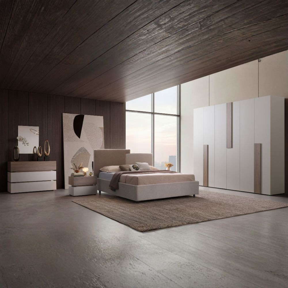 Camera da letto Malena con letto imbottito contenitore e armadio 6 ante in grigio chiaro e vanguard chiaro Camera da letto Malena con letto imbottito contenitore e armadio 6 ante in grigio chiaro e vanguard chiaro