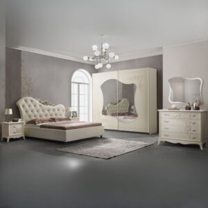Camera da letto Marsida colore beige con armadio 2 ante scorrevoli con serigrafia