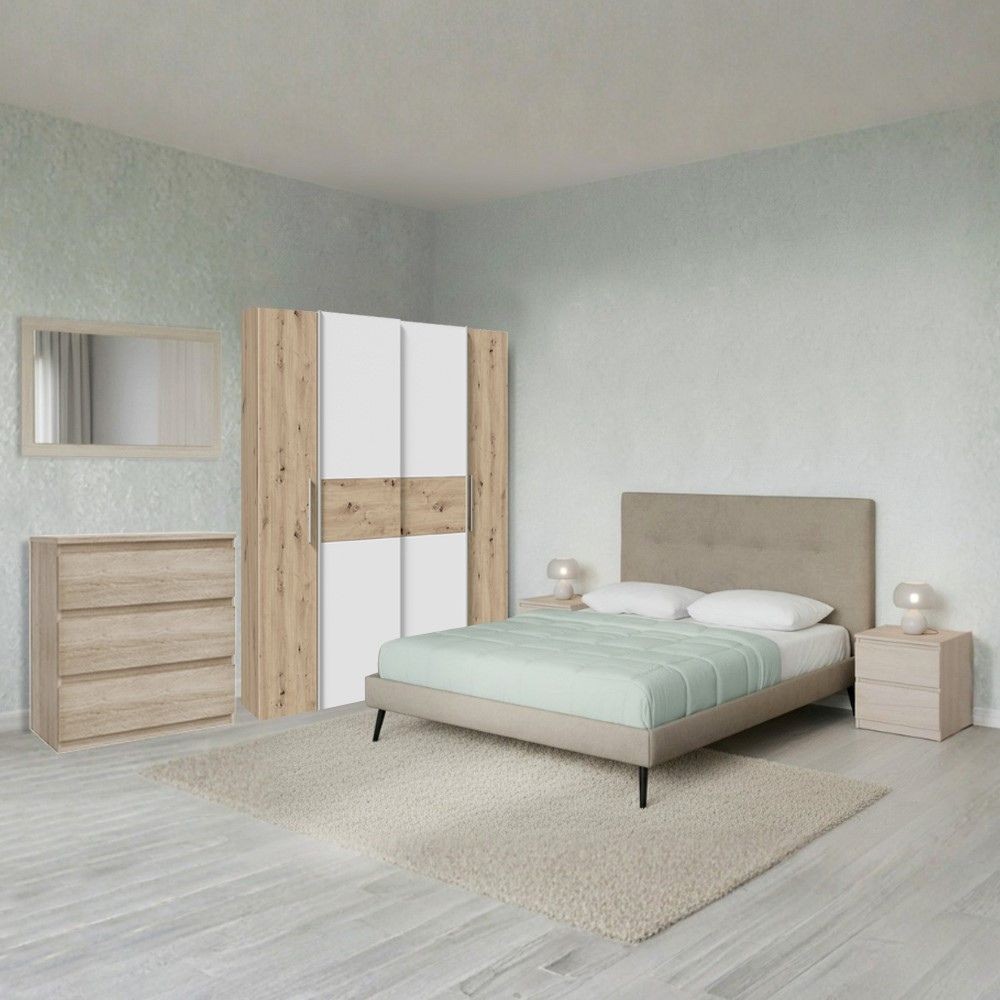 Camera da letto Milk con armadio 2 ante scorrevoli e 2 ante battenti rovere e bianco e letto Stiletto tortora Camera da letto Milk con armadio 2 ante scorrevoli e 2 ante battenti rovere e bianco e letto Stiletto tortora