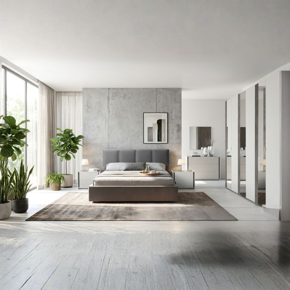 Camera da letto Mirelle colore grigio perla e ossido grigio scuro con armadio 6 ante a specchi e letto contenitore Camera da letto Mirelle colore grigio perla e ossido grigio scuro con armadio 6 ante a specchi e letto contenitore