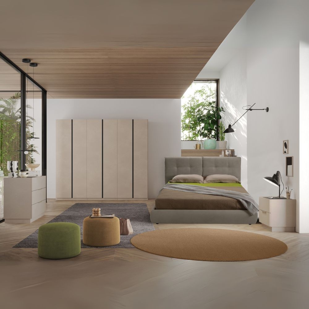 Camera da letto Musto con letto contenitore colore cashmere e antracite Camera da letto Musto con letto contenitore colore cashmere e antracite