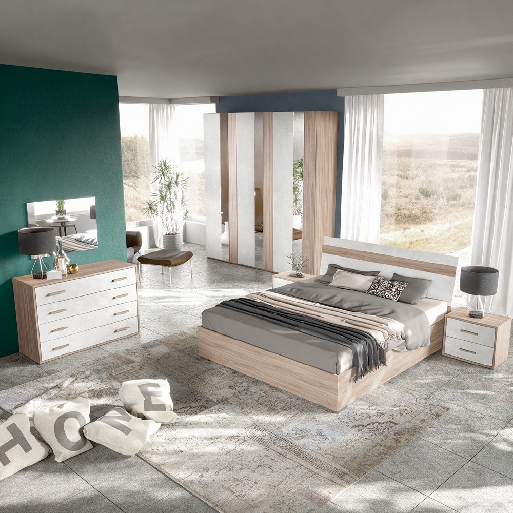 Camera da letto Nike con letto contenitore e armadio 6 ante battenti con specchi in noce chiaro e spatolato Camera da letto Nike con letto contenitore e armadio 6 ante battenti con specchi in noce chiaro e spatolato