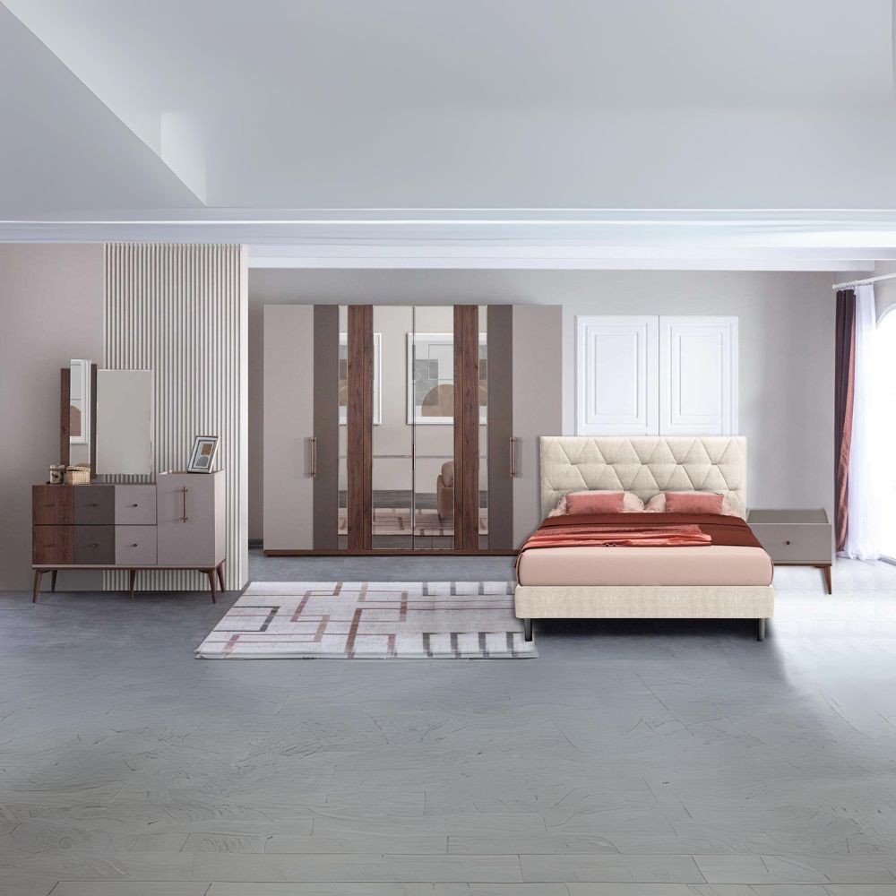 Camera da letto Pastel in colore beige, noce e dark coffee Camera da letto Pastel in colore beige, noce e dark coffee
