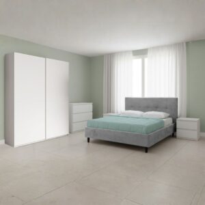 Camera da letto Rango con armadio 2 ante bianco opaco e letto Snello grigio chiaro