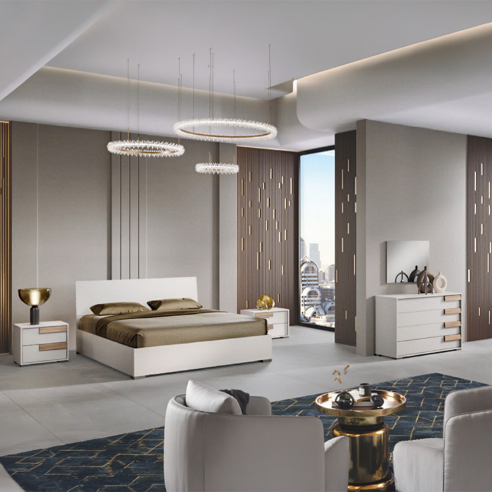 Camera da letto Sabina con letto contenitore in legno e armadio 6 ante battenti in cashmere e noce chiaro Camera da letto Sabina con letto contenitore in legno e armadio 6 ante battenti in cashmere e noce chiaro