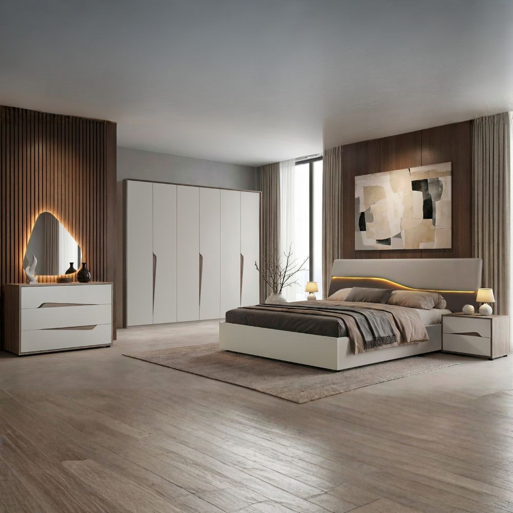 Camera da letto Soleil con letto contenitore colore cashmere e olmo biscotto Camera da letto Soleil con letto contenitore colore cashmere e olmo biscotto