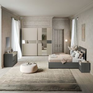 Camera da letto Tania con armadio 2 ante scorrevoli con specchi e letto contenitore in legno in colori grigio e talco