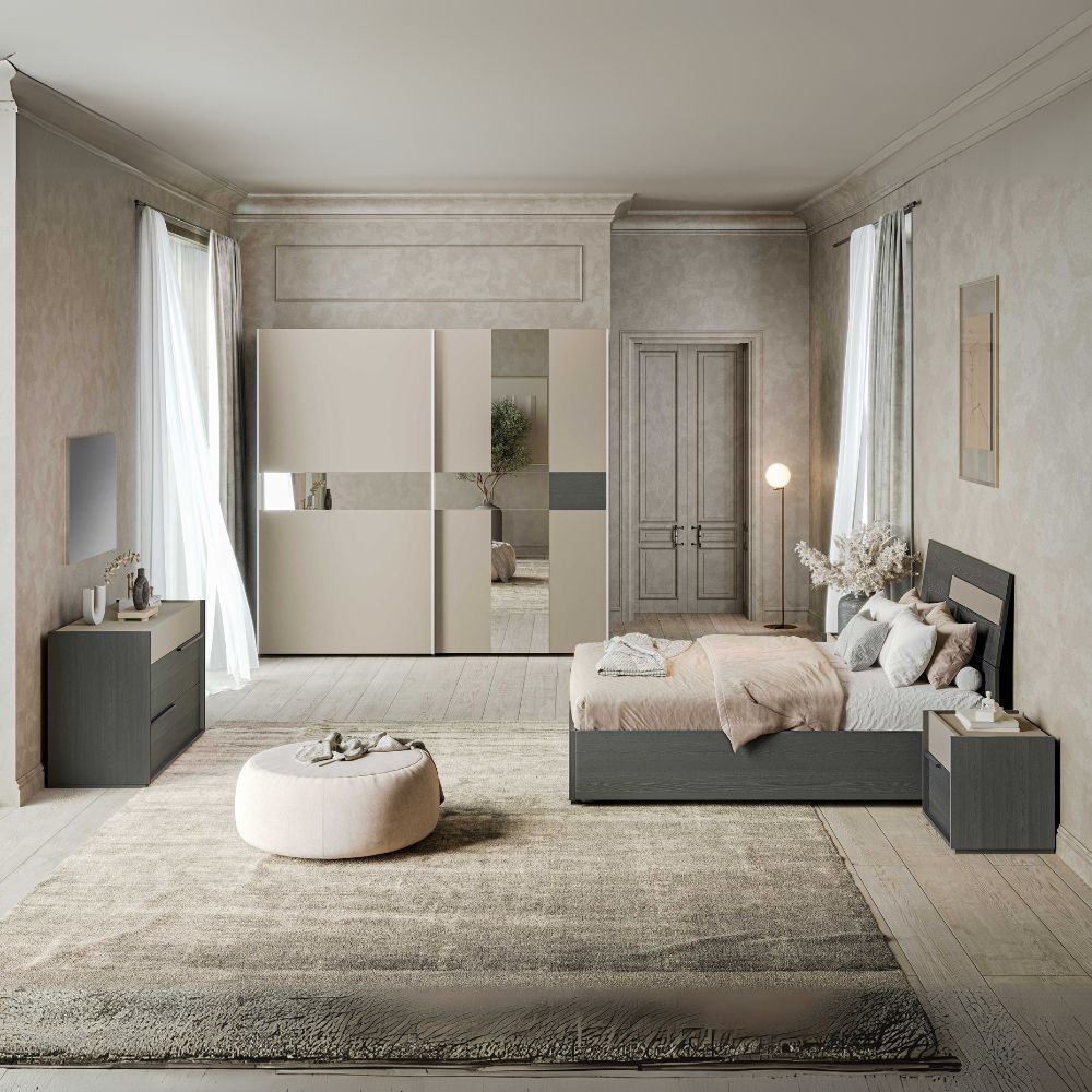 Camera da letto Tania con armadio 2 ante scorrevoli con specchi e letto contenitore in legno in colori grigio e talco Camera da letto Tania con armadio 2 ante scorrevoli con specchi e letto contenitore in legno in colori grigio e talco