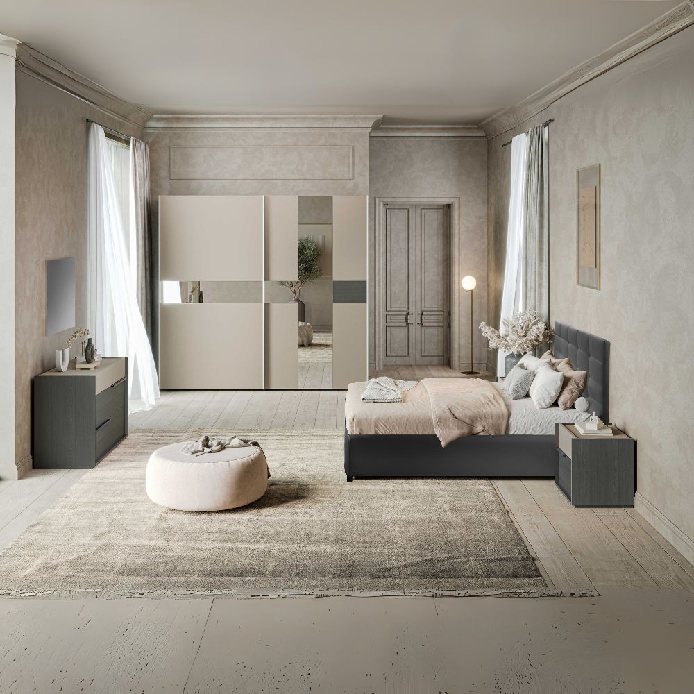 Camera da letto Tania in grigio e talco con armadio 2 ante scorrevoli con specchi e letto contenitore Napoli grigio Camera da letto Tania in grigio e talco con armadio 2 ante scorrevoli con specchi e letto contenitore Napoli grigio