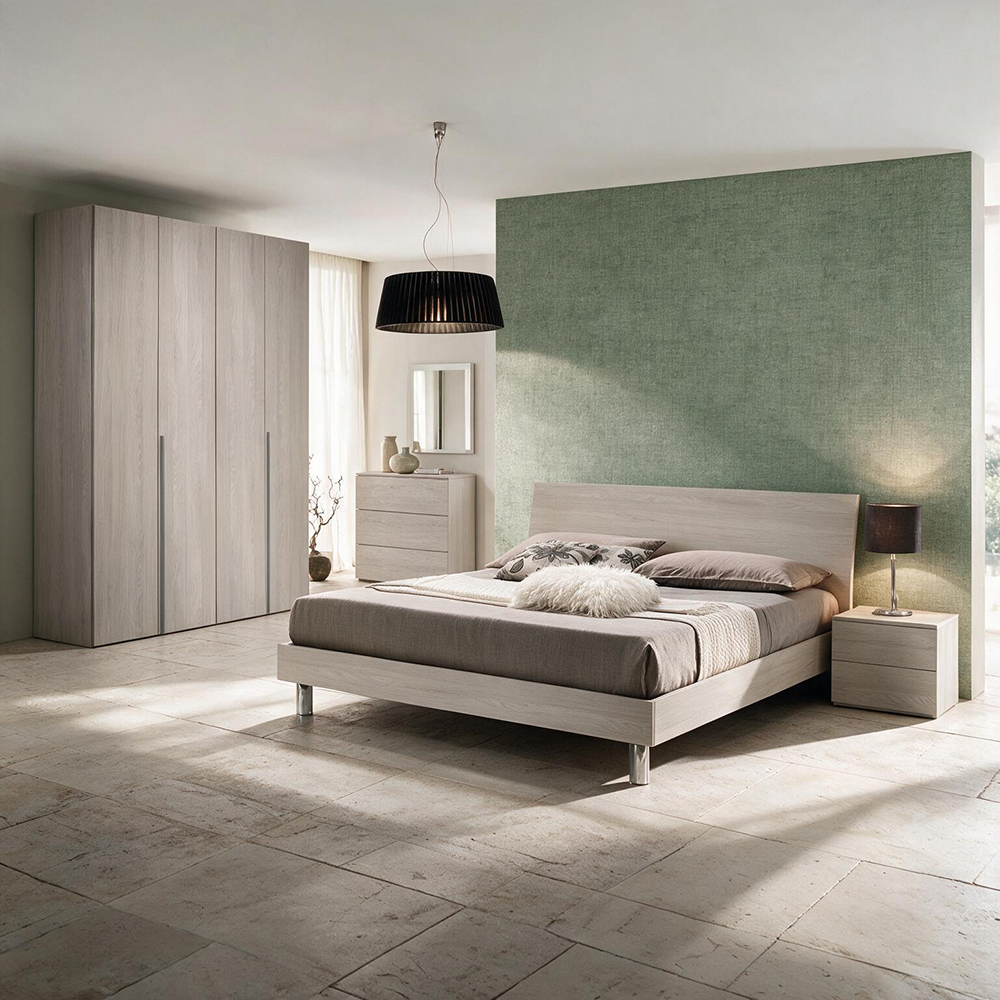 Camera Urano con armadio 4 ante battenti e letto in legno colore olmo perla Camera Urano con armadio 4 ante battenti e letto in legno colore olmo perla