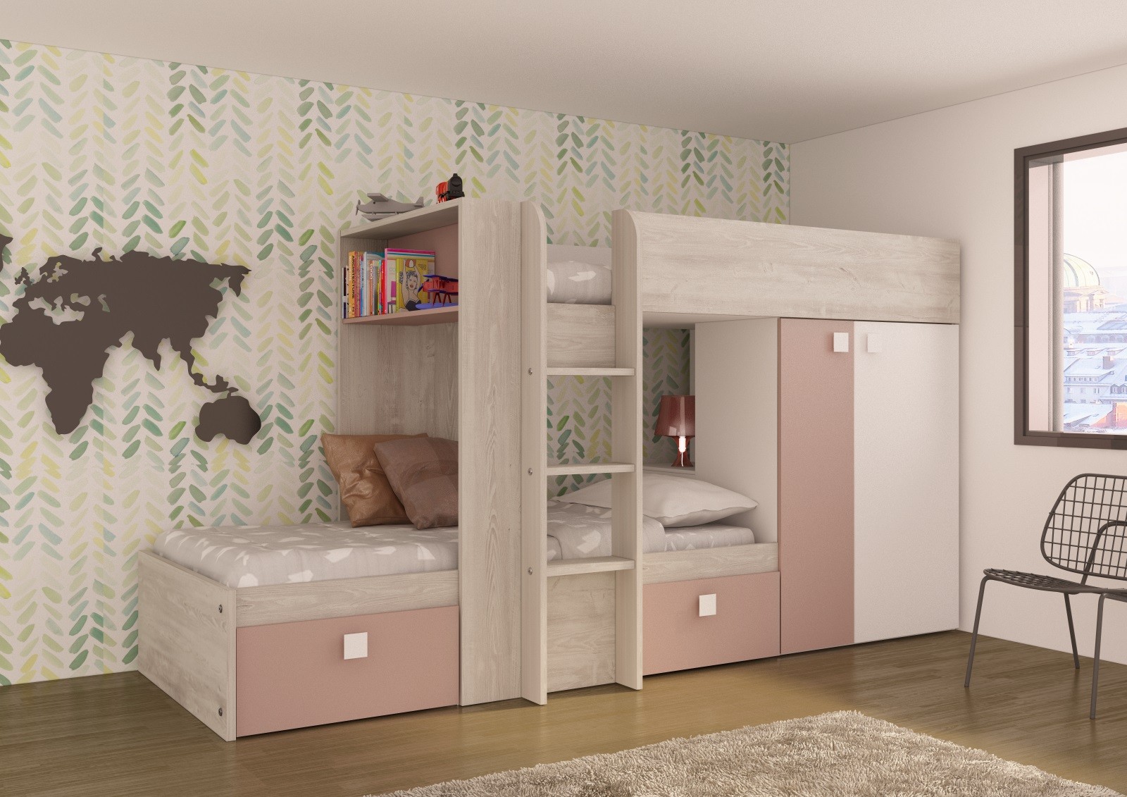 Cameretta 1262 con letto a castello con due cassettoni e armadio reversibile colore bianco consumato e rosa antico Cameretta 1262 con letto a castello con due cassettoni e armadio reversibile colore bianco consumato e rosa antico