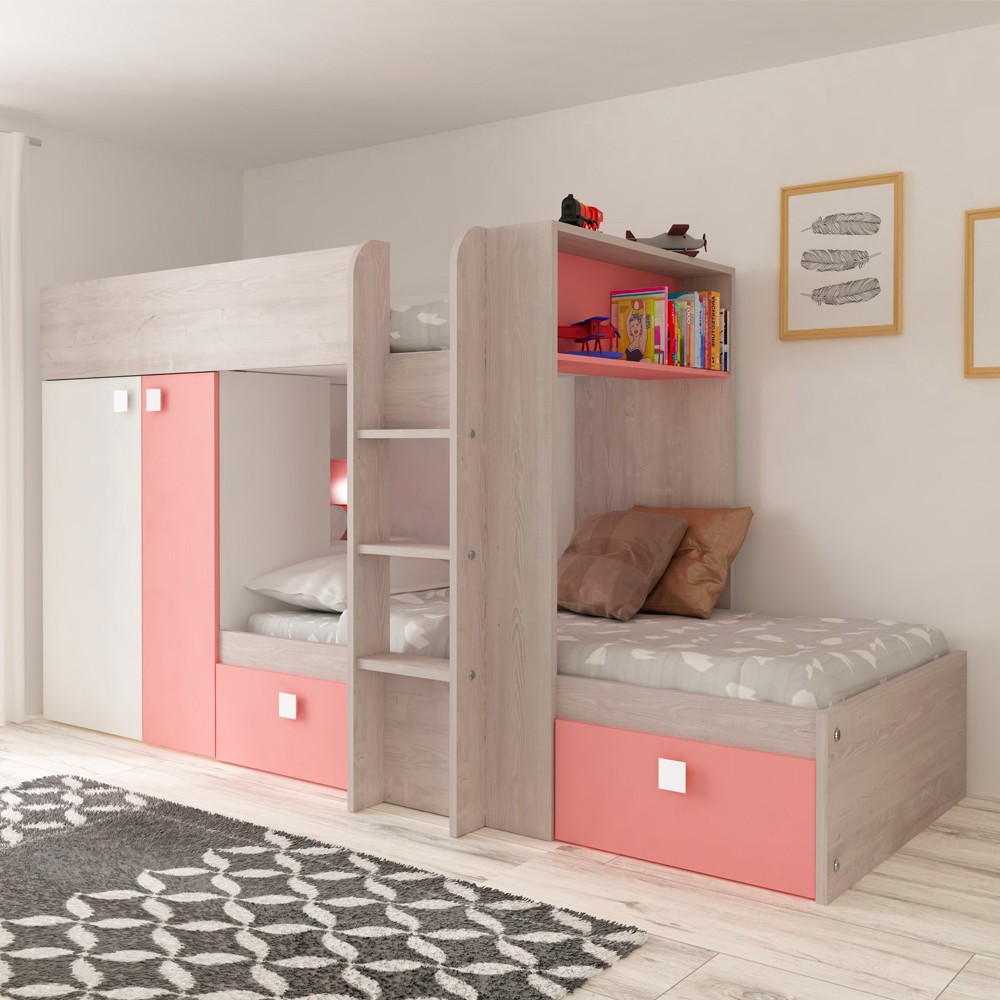 Cameretta 1267 con letto a castello con due cassettoni e armadio reversibile colore bianco consumato e rosa flamingo Cameretta 1267 con letto a castello con due cassettoni e armadio reversibile colore bianco consumato e rosa flamingo
