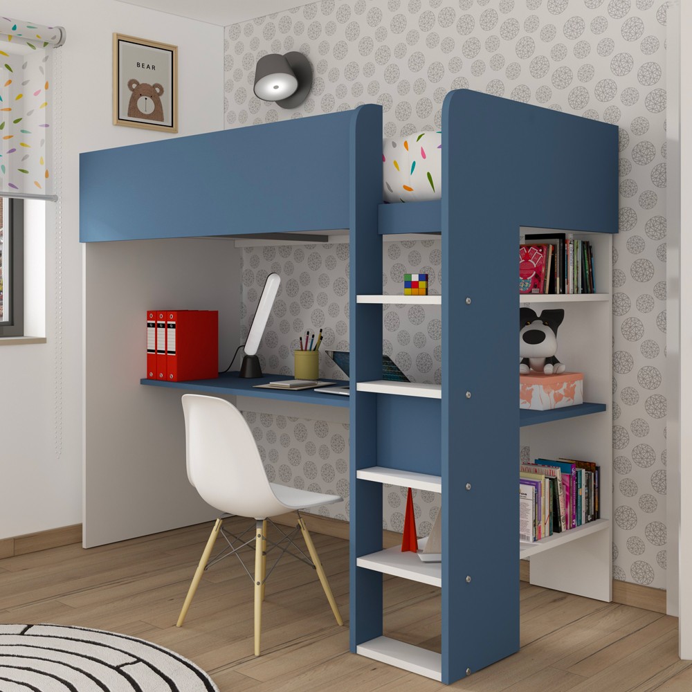 Cameretta 2276 con letto a soppalco con scrivania sottostante colore bianco e azzurro Cameretta 2276 con letto a soppalco con scrivania sottostante colore bianco e azzurro