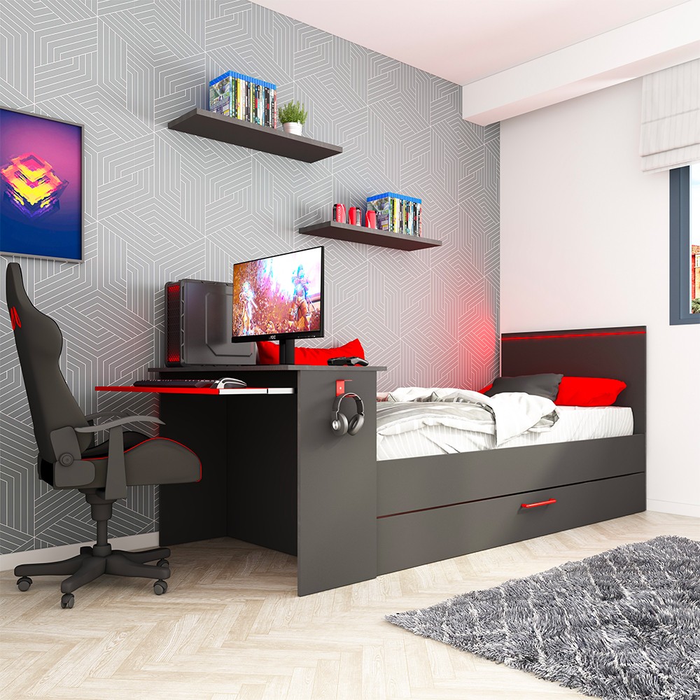 Cameretta 5040 con letto singolo con letto estraibile e scrivania incorporata colore antracite e rosso reversibile Cameretta 5040 con letto singolo con letto estraibile e scrivania incorporata colore antracite e rosso reversibile