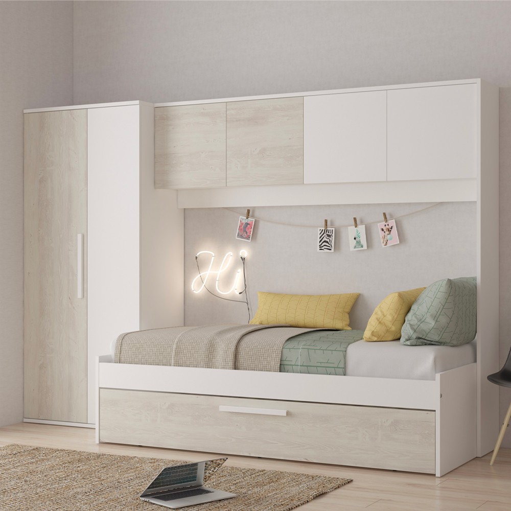 Cameretta a ponte 6006 con letto estraibile e armadio colore bianco consumato e bianco reversibile Cameretta a ponte 6006 con letto estraibile e armadio colore bianco consumato e bianco reversibile