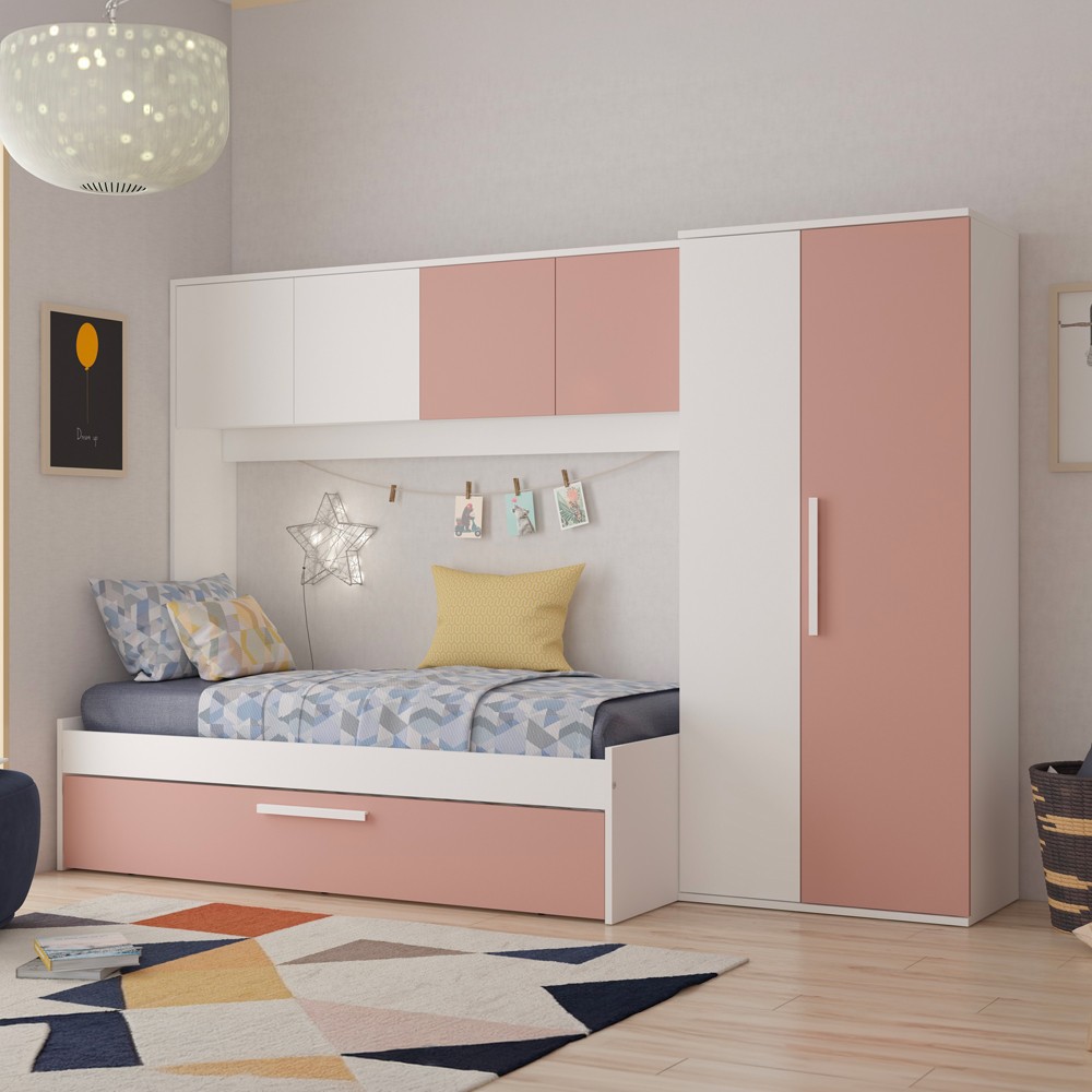 Cameretta a ponte 6007 con letto estraibile e armadio colore bianco e rosa antico reversibile Cameretta a ponte 6007 con letto estraibile e armadio colore bianco e rosa antico reversibile