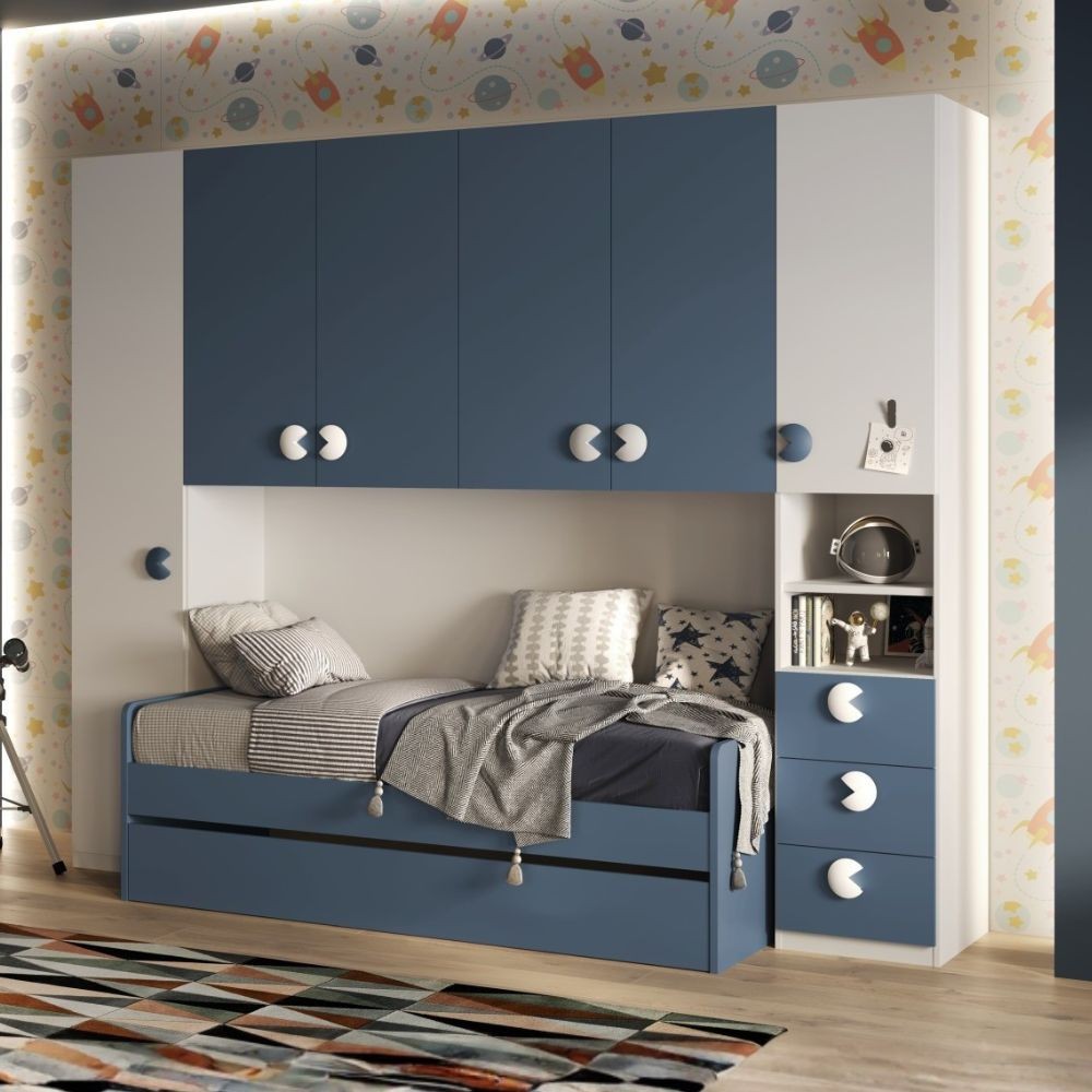 Cameretta a ponte Gilbert bianco opaco e blu navy con letto estraibile Cameretta a ponte Gilbert bianco opaco e blu navy con letto estraibile