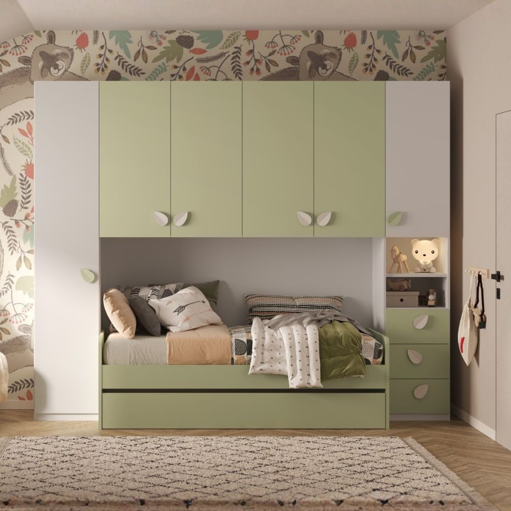 Cameretta a ponte Gilbert bianco opaco e verde pistacchio con letto estraibile Cameretta a ponte Gilbert bianco opaco e verde pistacchio con letto estraibile