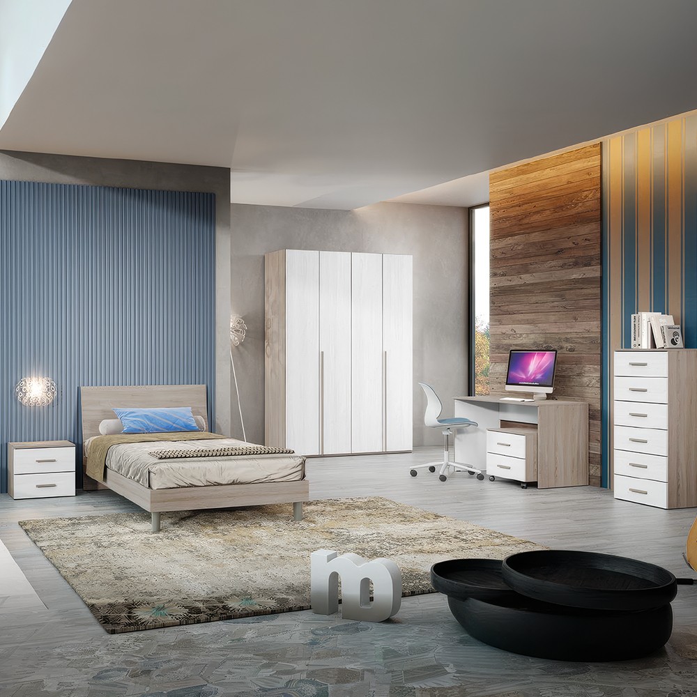 Cameretta Albus con letto in legno 120 cm. e armadio 4 ante battenti e scrivania in olmo perla e larice bianco Cameretta Albus con letto in legno 120 cm. e armadio 4 ante battenti e scrivania in olmo perla e larice bianco
