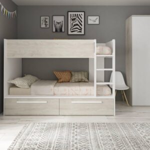 Cameretta con letto a castello con cassettoni colore bianco consumato e bianco reversibile