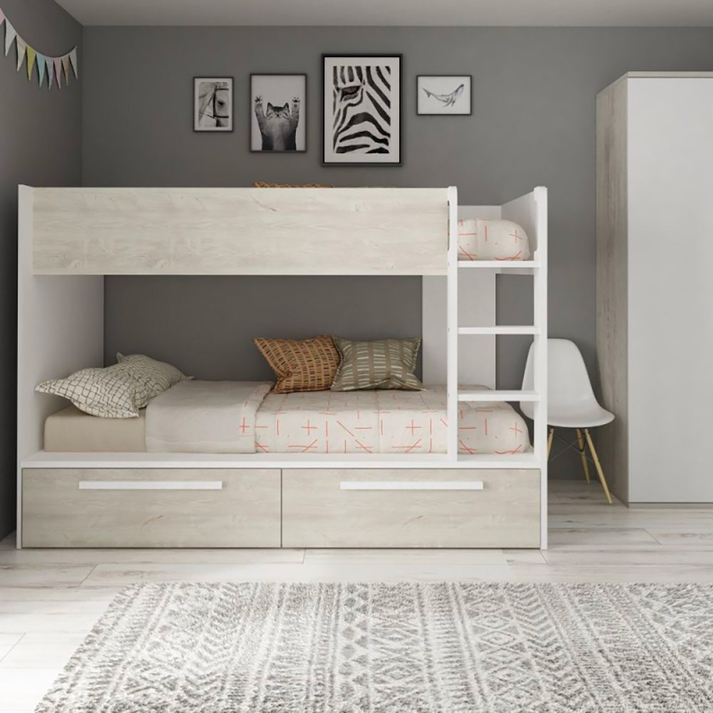 Cameretta con letto a castello con cassettoni colore bianco consumato e bianco reversibile Cameretta con letto a castello con cassettoni colore bianco consumato e bianco reversibile